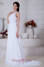 Chiffon One Shoulder Column Bridal Dress Brush Train Appliques
