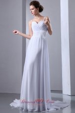 Ruched Chiffon Spaghetti Straps Wedding Gown Court Train