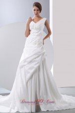 Taffeta V-neck Chapel Train Bridal Gown Appliques With Beading