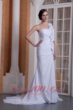 One Shoulder Brush Train Wedding Dress Chiffon Hand Made Flower