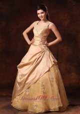 Champagne Taffeta Organza Straps Appliques Bridal Dress Scoop