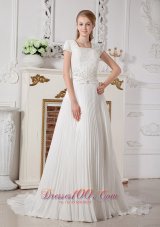 Square Short Sleeves Beading Wedding Dress Chiffon Court Train