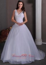 Ruch Beading Bridal Dress Taffeta and Tulle V-neck Court Train