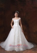 Square Straps A-line Appliques Wedding Gown Chapel Train