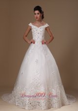 Appliques Tulle Off Shoulder Court Train Wedding Gown