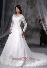 Chapel Train Satin and Lace Bridal Dress A-line V-neck