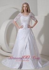 Scoop Neck Satin Princess Wedding Dress Chapel Train Lace