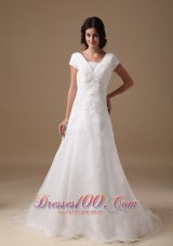 Organza and Taffeta Wedding Gown V-neck Appliques Court Train