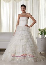 Strapless Wedding Bridal Dress Chapel Train Organza Appliques