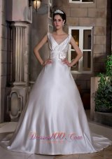 V-neck Chapel Train Satin Wedding Dress with Hand Made Flower