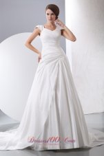 V-neck Ruch Wedding Dress Chapel Train Taffeta