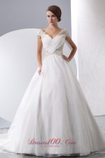 A-line Wedding Gown V-neck Beaded Chapel Train