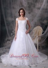 Customize Square Lace Court Train Wedding Dress Cap Sleeves