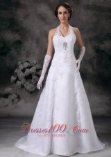 Applique A-line Halter Court Train Lace Beading Wedding Dress