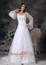 A-line Square Wedding Dress Long Sleeves Appliques Court Train