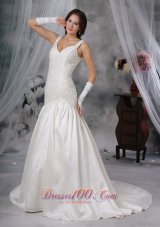 Straps Court Train Taffeta Beaded Wedding Dress