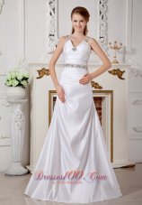 Satin Wedding Dress V-neck Beaded Straps Brush Train