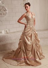 Customize Halter Champagne Dress Appliques Themed Wedding