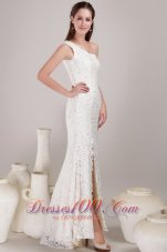 One Shoulder Slit Destination Lace Wedding Dress