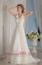 Unique Lace Rhinestones Apron Wedding Dress V-Neck Collar