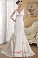 Mermaid V-neck Bridal Dress Gilding Court Train Satin