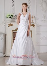 Affordable Wedding Bridal Dress A-line V-neck Piece Satin