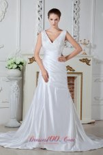 Mermaid V-neck Bridal Dress Ruch Court Satin Appliques