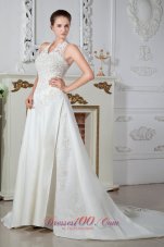 Sweet Column Halter V-Neck Satin Appliques Wedding Gowns