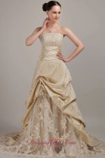 Champagne Princess Wedding Gowns Pleated Court Train Taffeta