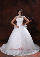 High Neckline Lace Bridal Gowns Chapel Train Lace Skirt