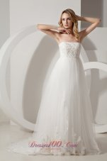 Appliques Brush Train Strapless Wedding Dress