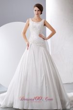 Scoop Appliques Chapel Train Taffeta Wedding Gown