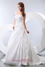 One Shoulder Appliques Chapel Train Ruch Wedding Dress