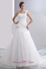 One Shoulder Flowers Ruched Chapel Wedding Dresses