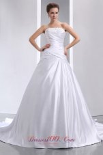 Ruched Taffeta Appliques Chapel Train Wedding Dress