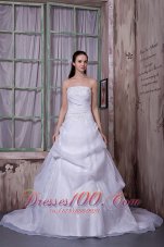 Organza Chapel Train Appliques Strapless Wedding Dress