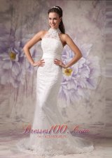 High Neck Lace Mermaid Beaded Wedding Dress