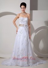 Colored Belt Lace Court Train Wedding Dress