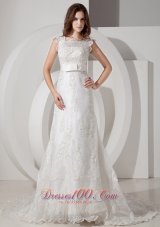 Square Court Train Wedding Bridal Dress Sashed