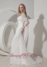 Organza V Neck Lace Sleeves Chapel Train Wedding Dress