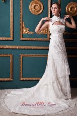 Lace High Low Chapel Train Sash Wedding Dress