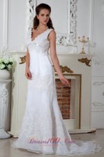 Lace V Neck Appliques Column Court Wedding Dress