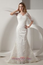 Mermaid V Neck Taffeta Lace Sleeves Wedding Dress