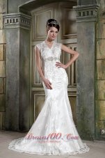 Lace V Neck Mermaid Beaded Court Bridal Dress