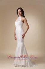 High Neck Mermaid Lace Brush Wedding Gowns