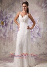 Beaded Spaghetti Straps Wedding Dress Lace Brush Train