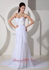 Ruched Appliques Flowers Wedding Dress Chiffon Train