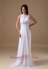 Scoop Beading Brush Train Wedding Dress Chiffon