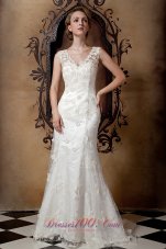 Lace V Neck Brush Train Taffeta Wedding Dresses