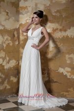 Ruched V-neck Brush Train Organza Beaded Wedding Dress